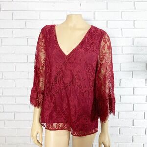 ModCloth Burgundy Through the BluebellFloral Lace V-Neck Blouse | Size L